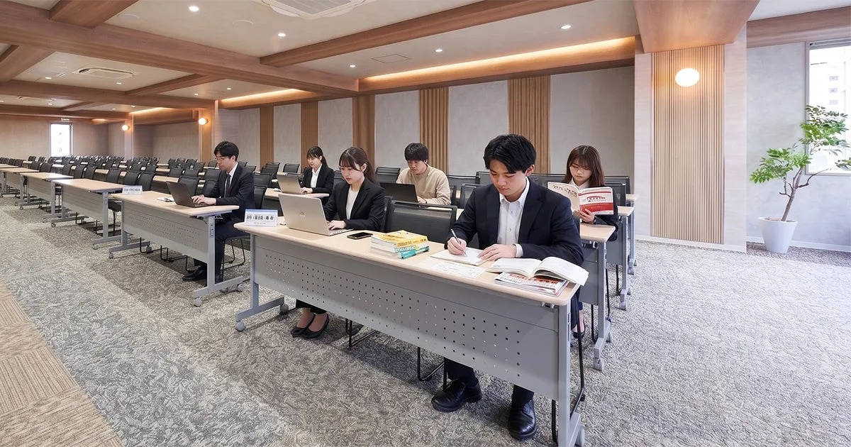 新橋駅前の明るく開放的なワークスペースで集中して作業に取り組む学生たちの様子